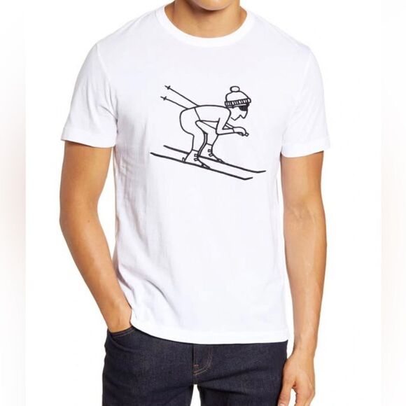Philosophy Mens Embroider Graphic Tee Crew Neck White Cotton Tshirt Snow Skier L - Picture 1 of 13